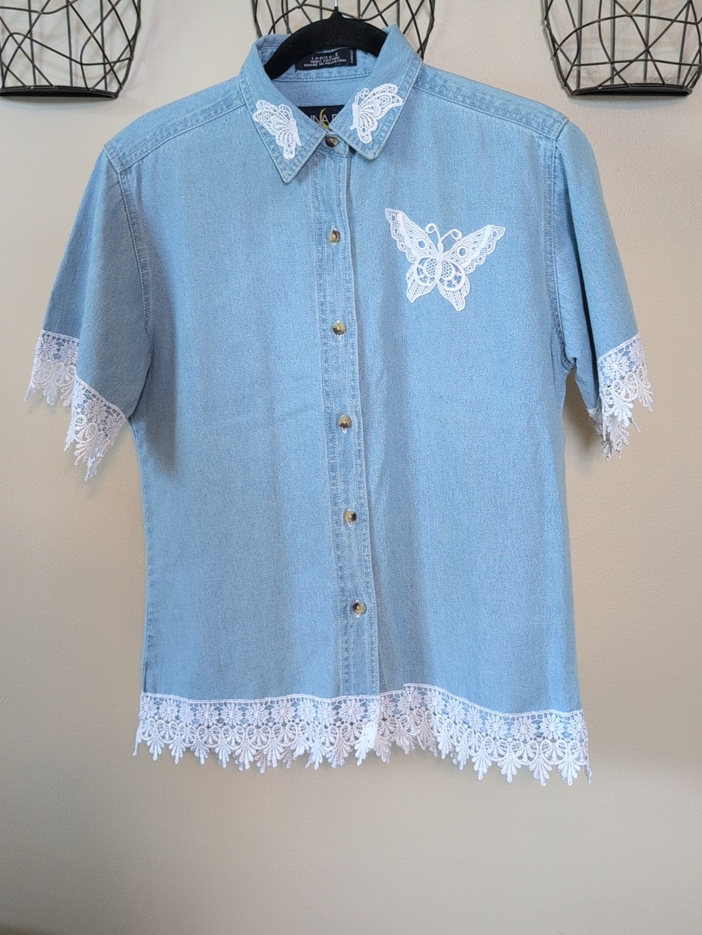 Luna Pier Vintage Button Down Denim Shirt with Lace and Butterfly
